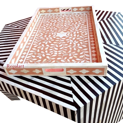 Handmade Bone Inlay Table Serving Kitchen Tray-W 30  X D 15 X H 2.5-5