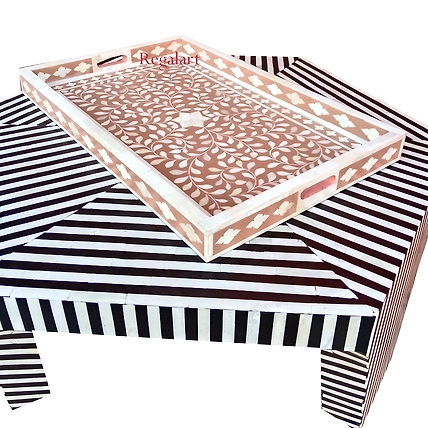 Handmade Bone Inlay Table Serving Kitchen Tray-W 30  X D 15 X H 2.5-3