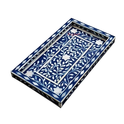 Handcrafted Kitchen Serving Tray, Bone Inlay Floral Pattern - Home Decor-W 50 X D 38 X H 5-5