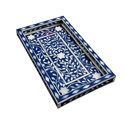 Handcrafted Kitchen Serving Tray, Bone Inlay Floral Pattern - Home Decor-W 50 X D 38 X H 5-4