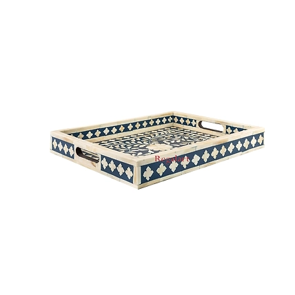 Bone Inlay Floral Pattern Kitchen Serving Tray Handmade Kitchen Decor Tray-W 30 X D 15 X H 2.5-2