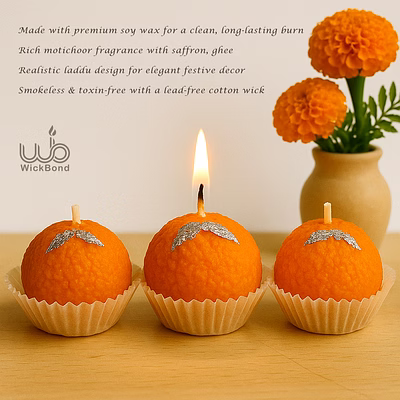 wickbond motichoor ladoo scented candle | handcrafted soy wax sweet aroma candle for diwali, pooja, gifting & home décor | realistic mithai look | set of 12