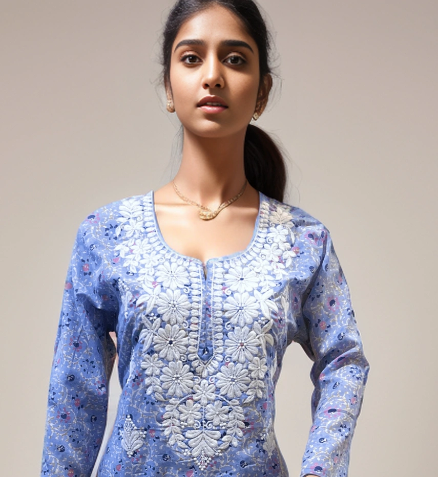 Lucknowi Chikankari Fine &amp; Heavy Work Printed Mul Cotton Kurti for Girls-12579480