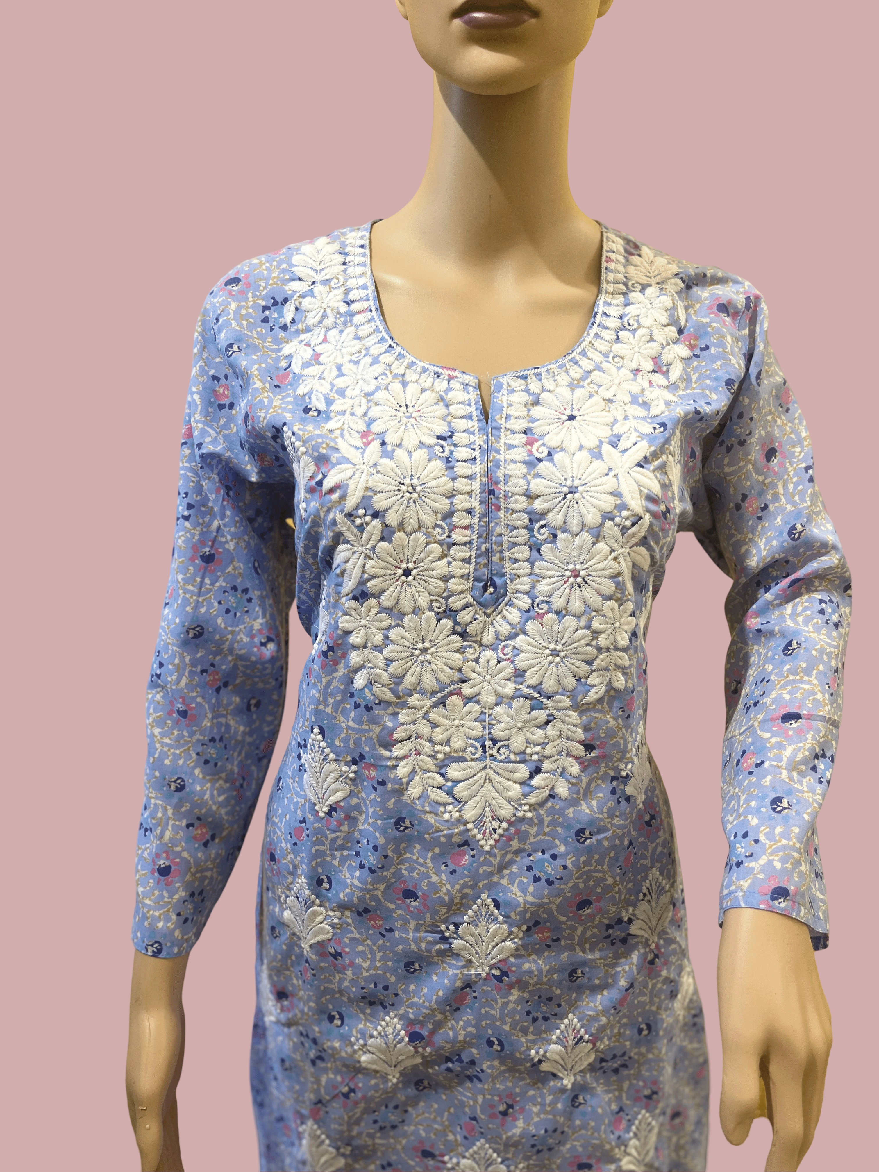 Lucknowi Chikankari Fine &amp; Heavy Work Printed Mul Cotton Kurti for Girls-3