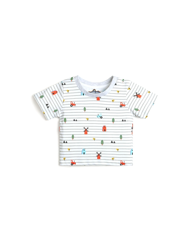 WHITE &amp; GREY STRIPED BOYS T-SHIRT WITH COLORFUL PRINT-5400897845625_12-18M