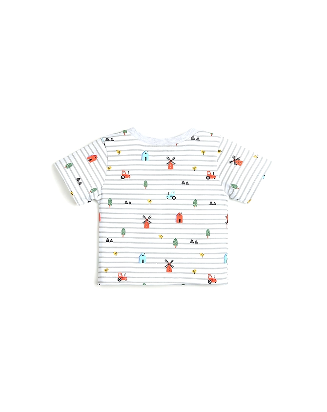 WHITE &amp; GREY STRIPED BOYS T-SHIRT WITH COLORFUL PRINT-3-6M-1