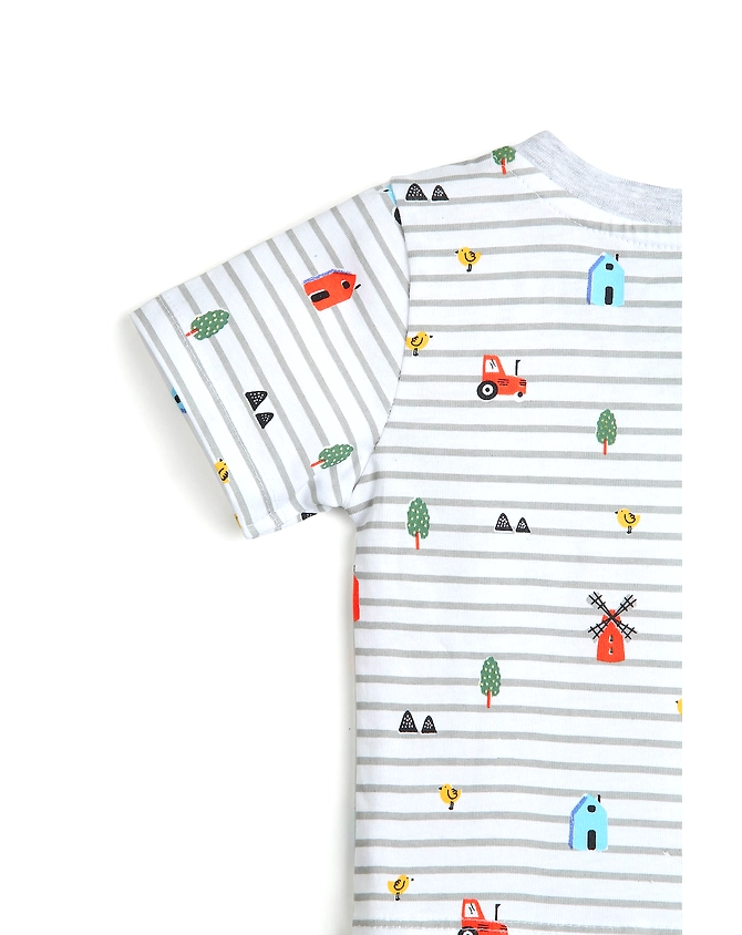 WHITE &amp; GREY STRIPED BOYS T-SHIRT WITH COLORFUL PRINT-3-6M-4