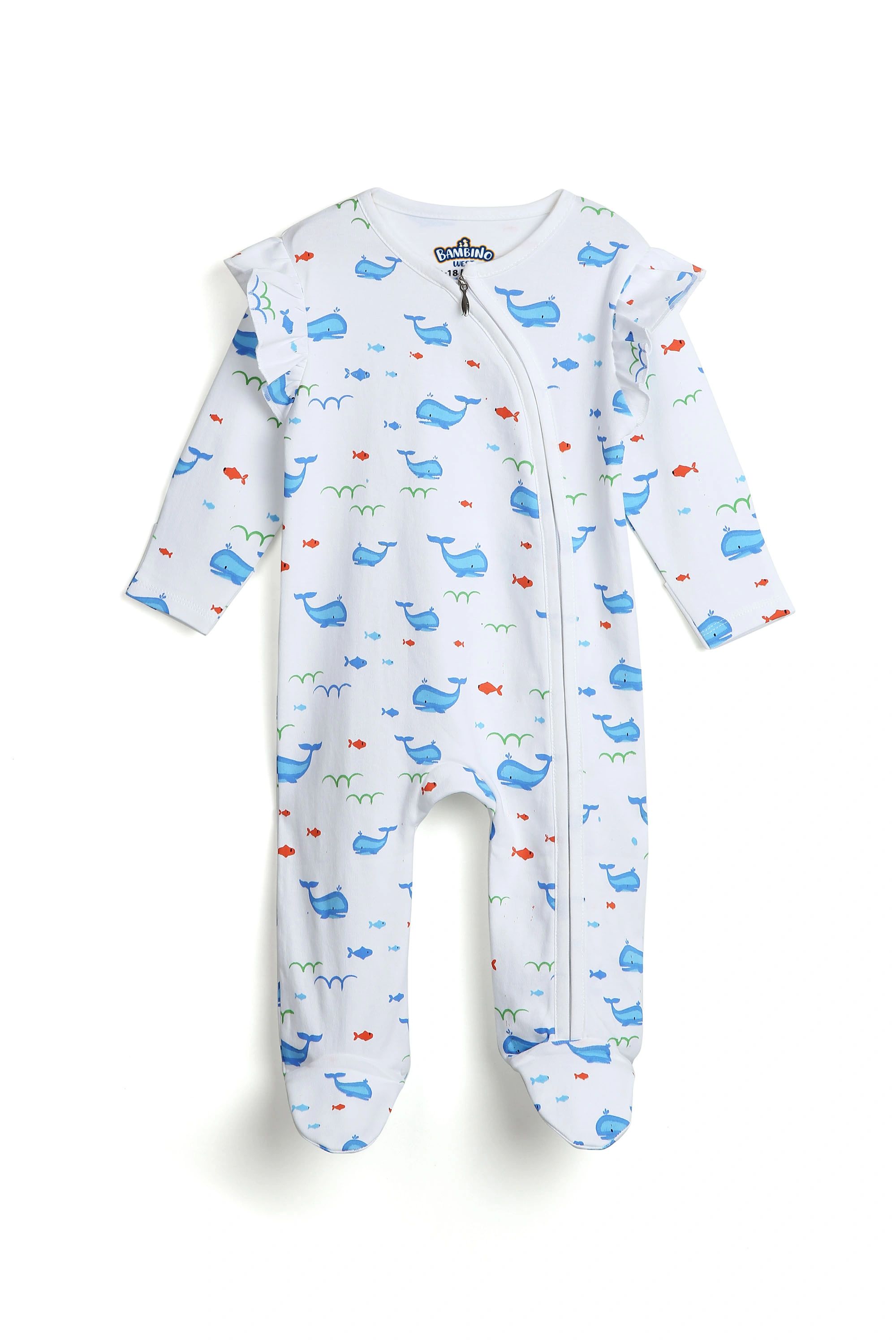 Bambino West Organic Cotton Girls Sleepsuir Aqua Color with Whale Prints 0 to 18 months-0-3M-6