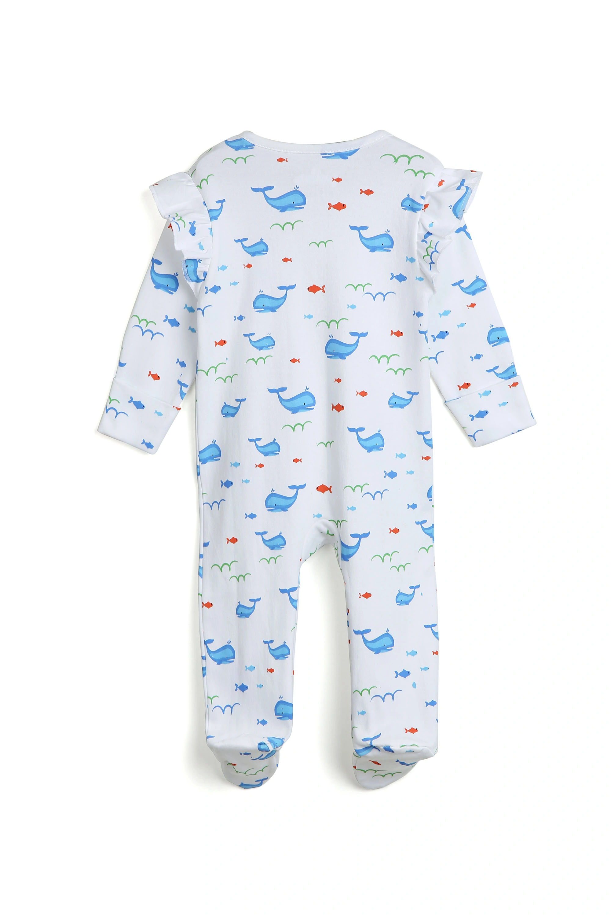 Bambino West Organic Cotton Girls Sleepsuir Aqua Color with Whale Prints 0 to 18 months-0-3M-5