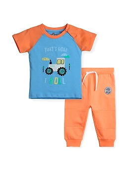 Bambino West 100% Organic Cotton Baby Boys Clothing Set Half Sleeve T-Shirts (Blue&Orange) with Causal Joggers (Orange) Farmland Theme