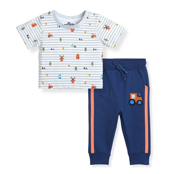 Bambino West 100% Organic Cotton Baby Boys Clothing Set Half Sleeve T-Shirts (Light Grey) with Causal Joggers (Blue) Farmland Theme-BW-COMBO5-TJ-3-6M