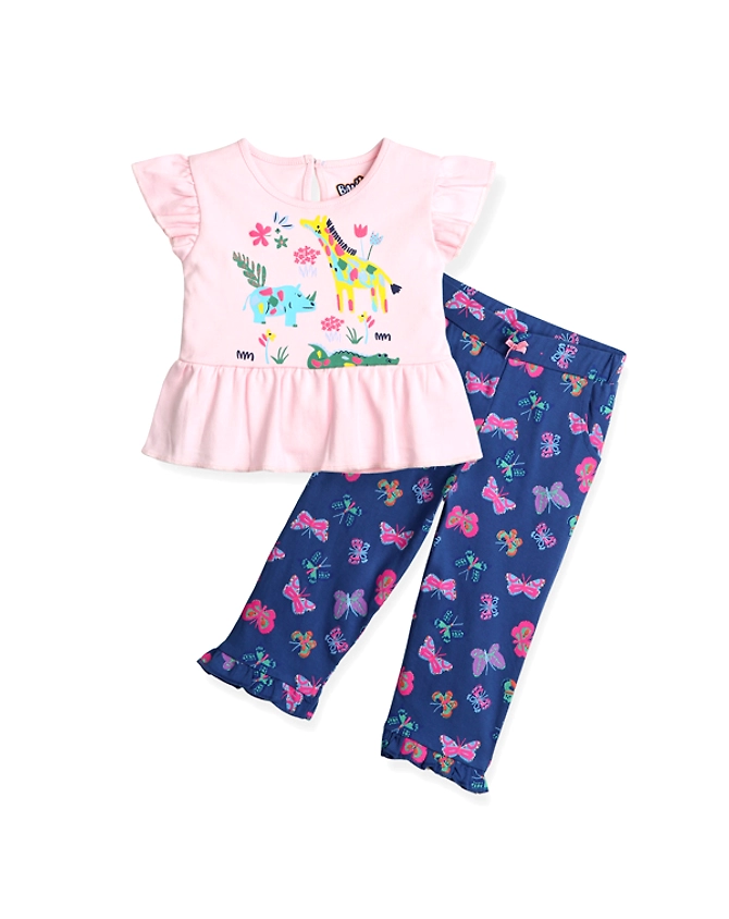 Bambino West 100% Organic Cotton girls printed Elastic Waist Full Length Leggings in Bright Cobalt Color and Round Neck Printed T-Shirt Top in Pink Color -Combo of 2-BW-COMBO14-GTL-3-6M