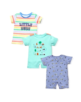 Bambino West 100% Organic Cotton Multicolor Baby Boys Half Sleeves Printed Bodysuit Rompers - Pack of 3