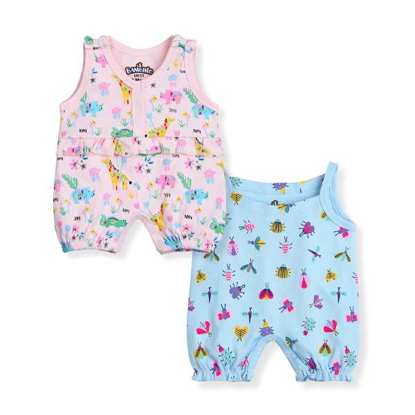 Bambino West 100% Organic Cotton Multicolor Baby Girls Sleevless Printed Bodysuit Rompers in Pink and Blue Color -Combo of 2 Bodysuit-BW-COMBO9-GBS-0-3M