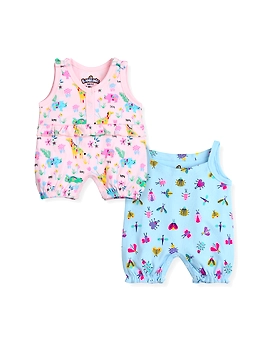 Bambino West 100% Organic Cotton Multicolor Baby Girls Sleevless Printed Bodysuit Rompers in Pink and Blue Color -Combo of 2 Bodysuit