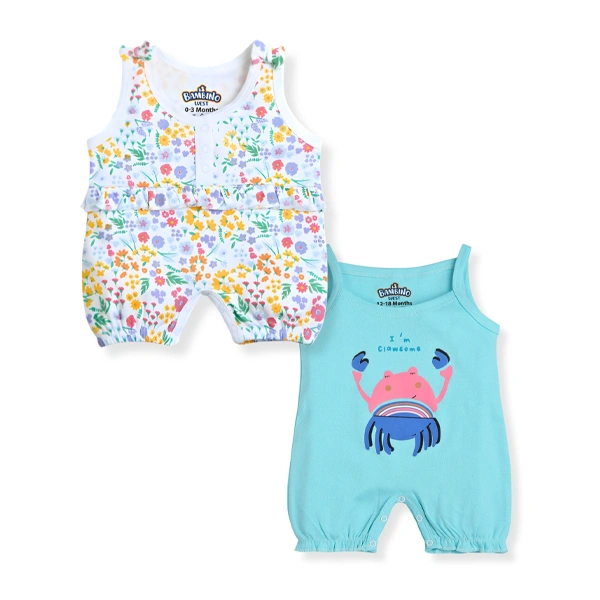 Bambino West 100% Organic Cotton Multicolor Baby Girls Sleevless Printed Bodysuit in Colorful White and Aqua Blue -Combo of 2 Bodysuit-BW-COMBO10-GBS-0-3M