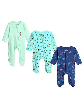 Bambino West 100% Organic Cotton Multicolor Baby Boys Round Neck Printed Sleepsuit-Combo of 3 Sleepsuit
