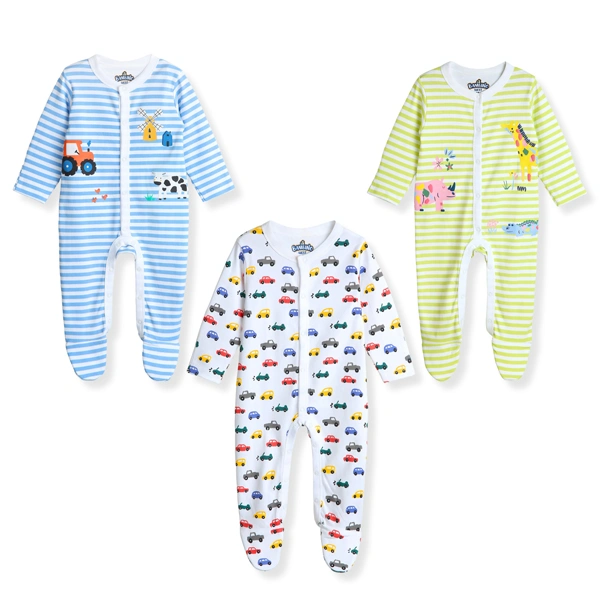 Bambino West 100% Organic Cotton Multicolor Baby Boys Round Neck Printed Full Length Footed Sleepsuit Nightwear Suit - Combo of 3 Sleepsuit-BW-COMBO8-BSS-0-3M