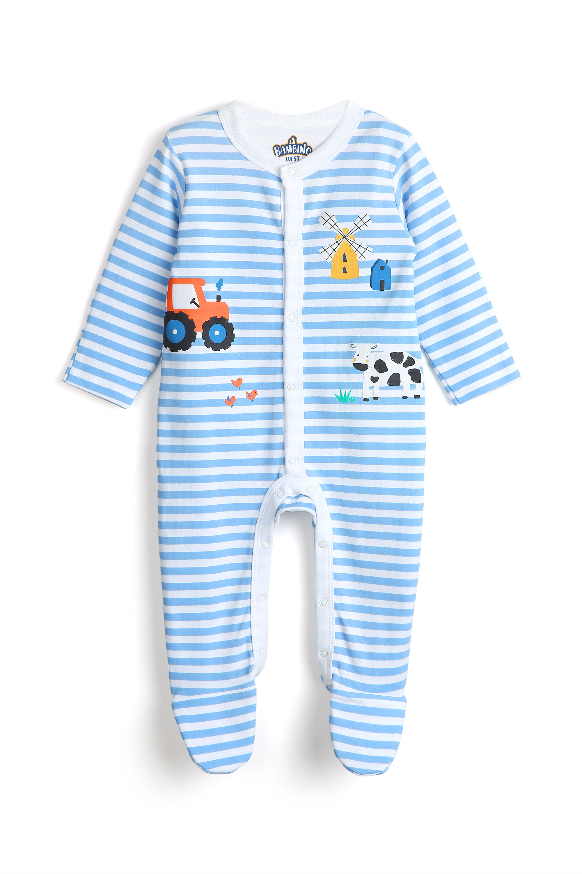 Bambino West 100% Organic Cotton Multicolor Baby Boys Round Neck Printed Full Length Footed Sleepsuit Nightwear Suit - Combo of 3 Sleepsuit-0-3M-1