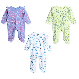 Bambino West 100% Organic Cotton Multicolor Baby Girls Round Neck Printed Full Length Footed Sleepsuit /Nightwear suit .Combo of 3 Sleepsuit
