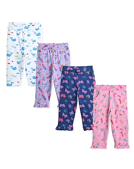 Bambino West 100% Organic Cotton Baby Girls Stretchable Elastic Waist Printed Legging Pyjama Lower Bottom Wear Pant Multi Color -Combo of 4 Leggings
