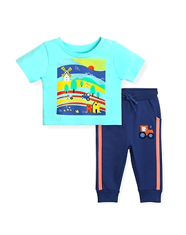 Bambino West 100% Organic Cotton Baby Boys Clothing Set Half Sleeve T-Shirts (Green) with Causal Joggers (Blue)