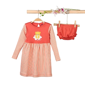 Bontots Organic Cotton Baby Dress Set – Happy Camper – Soft & Cozy – Rust/Stripe