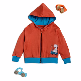 bontots organic cotton baby zip-up hoodie – dino drive – soft & cozy – rust/blue