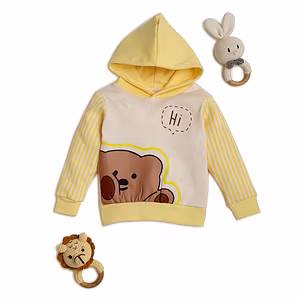 bontots Organic Cotton Baby Hoodie – Hello Bear – Soft & Cozy – Yellow/Cream