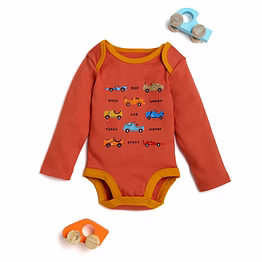 bontots organic cotton baby onesie – beep beep fun – soft & rash-free – rust/yellow