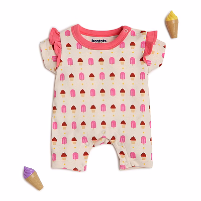 bontots organic cotton baby romper – sweet treats – soft & rash-free – cream/pink