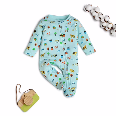 bontots organic cotton baby sleepsuit – farmyard dreams, soft & rash-free