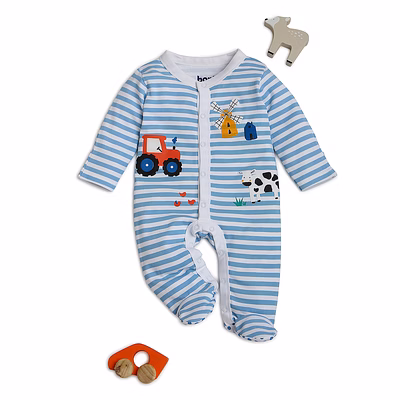 bontots organic cotton baby sleepsuit – farmyard dreams, soft & rash-free (blue stripes)