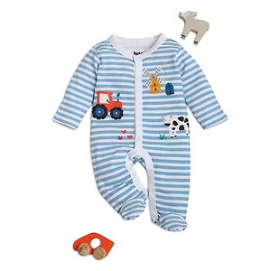Bontots Organic Cotton Baby Sleepsuit – Farmyard Dreams, Soft & Rash-Free (Blue Stripes)