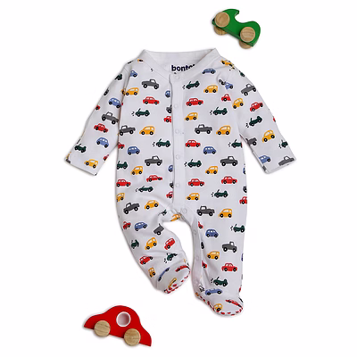 bontots organic cotton baby sleepsuit – little racer, soft & rash-free (white with cars)