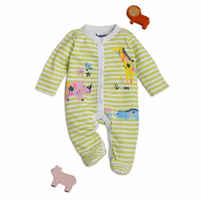 bontots organic cotton baby sleepsuit – safari adventure, soft & rash-free (green stripes)