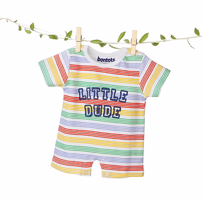 bontots organic cotton baby romper – little dude, soft & rash-free (rainbow stripes)