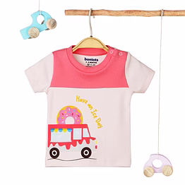 bontots organic cotton baby t-shirt – ice cream truck – soft & breathable – pink/white