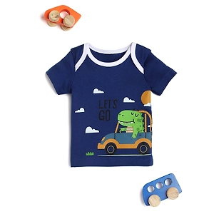 Bontots Organic Cotton Baby T-Shirt – Dino Drive – Soft & Breathable – Navy Blue