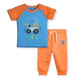 bontots 100% organic cotton baby boys clothing set half sleeve t-shirts (blue&orange) with causal joggers (orange) farmland theme