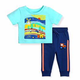 bontots 100% organic cotton baby boys clothing set half sleeve t-shirts (green) with causal joggers (blue farmland theme)
