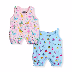 bontots 100% Organic Cotton Multicolor Baby Girls Sleevless Printed Bodysuit Rompers in Pink and Blue Color -Combo of 2 Bodysuit