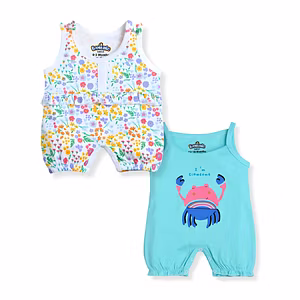 bontots 100% Organic Cotton Multicolor Baby Girls Sleevless Printed Bodysuit in Colorful White and Aqua Blue -Combo of 2 Bodysuit