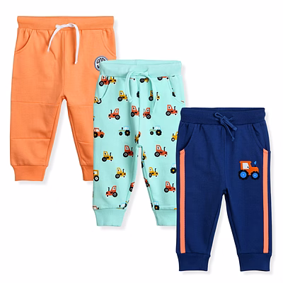 bontots 100% organic cotton full length elastic waist baby kid boy joggger pajama bottom lower track pant multicolor -combo of 3 joggers