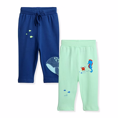 bontots 100% organic cotton full length elastic waist baby kid boy joggger pajama bottom lower track pant navy blue and lime green color-combo of 2 joggers