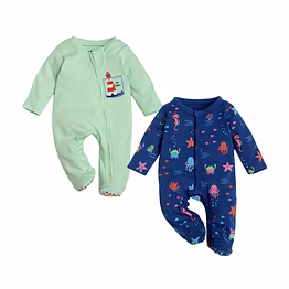 bontots 100% organic cotton baby sleepsuit combo – lighthouse & under the sea prints | soft, rash-free & breathable sleepwear for babies | mint green & navy colors | pack of 2