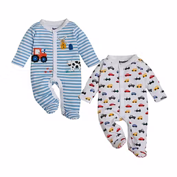 bontots Organic Cotton Baby Sleepsuit Combo – Farmyard Fun & Tiny Cars Prints, Soft & Rash-Free (Blue Stripes & White,)Pack of 2