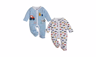 bontots Organic Cotton Baby Sleepsuit Combo – Farmyard Fun & Tiny Cars Prints, Soft & Rash-Free (Blue Stripes & White,)Pack of 2