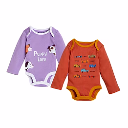 bontots organic cotton baby bodysuit combo – puppy love & race car prints, soft & rash-free (lavender & orange)pack of 2
