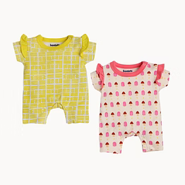 bontots organic cotton baby romper combo – sunshine vibes & sweet treats prints, soft & rash-free (yellow & cream)pack 2